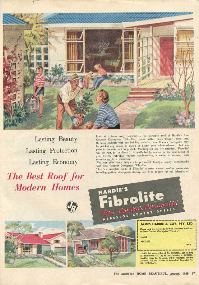 old magazine ad promoting asbestos cement sheeting for roofing